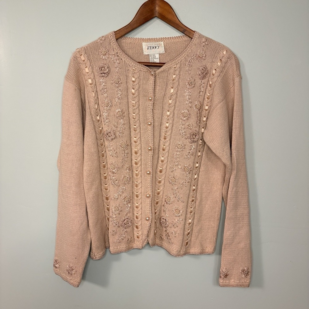 Vintage Jenny Pink Caridigan Button Sweater size S Embroidery Beads Floral